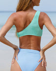 Aruba Blue Textured Colorblock Cut Out One Shoulder Monokini