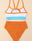 Orange Color Block Spaghetti Strap High Waist Two Piece Swimsuit