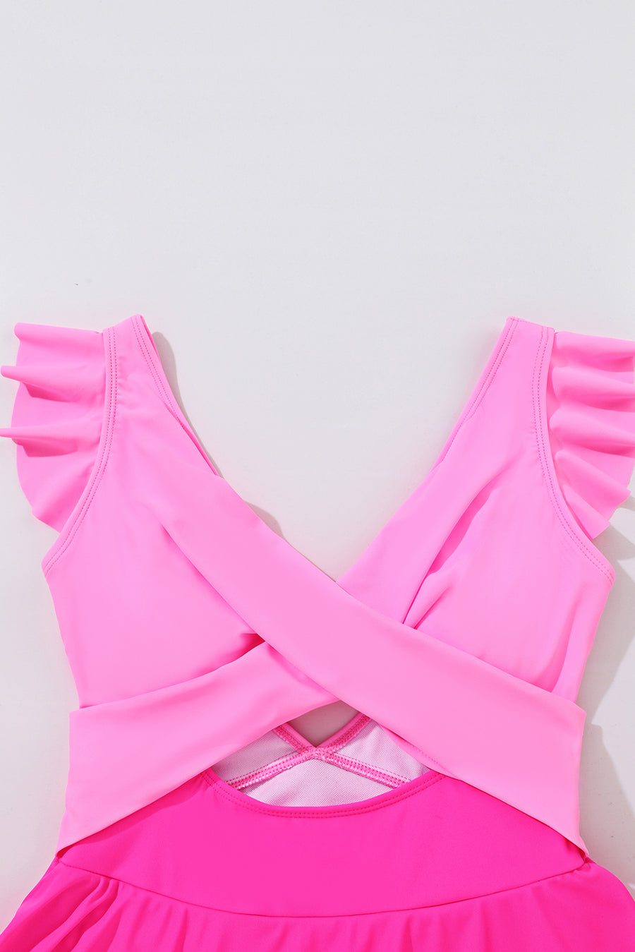 Bright Pink Cut Out Ruffle Crossed One Piece Swimdress