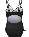 Black Adjustable Straps Ribbed Knit Backless One Piece Swimsuit