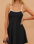 Black Sporty Ribbed Spaghetti Straps One Piece Swimdress