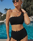 Black Sexy Scalloped Trim Asymmetrical Neck High Waist Bikini Set