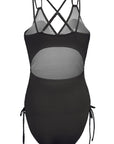 Black Adjustable Straps Ribbed Knit Backless One Piece Swimsuit