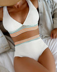 White Stripe Splicing High Waist Textured Bikini Set