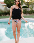 Black Sexy Leopard Colorblock Spaghetti Blouson Tankini Set