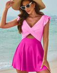 Bright Pink Cut Out Ruffle Crossed One Piece Swimdress