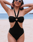 Black Sexy O Ring Ruched Bust Halter Monokini