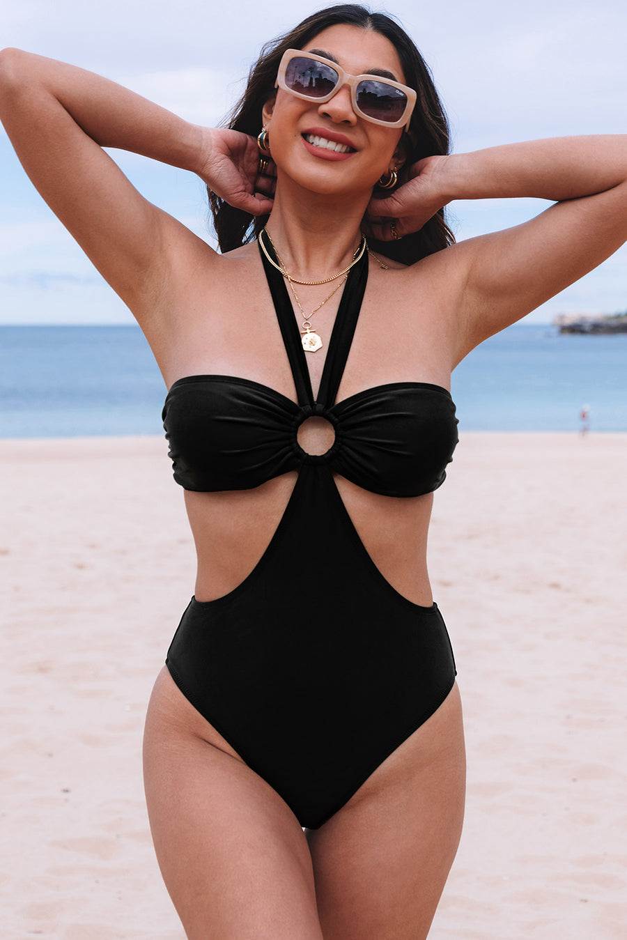 Black Sexy O Ring Ruched Bust Halter Monokini