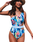 Light Blue Sexy Asymmetric Cutout Belted One Piece Swimsuit