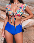 Dark Blue Sexy Deep V Neck Tie Ruffles High Waisted Bikini Set- Free Shipping