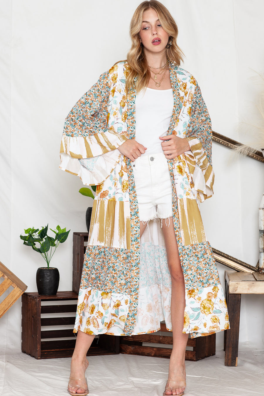 Multicolor Wide Sleeve Mixed Floral Print Long Kimono Effortless Elegance for Every Occasion