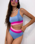 Light Blue Colorblock High Waisted Bikini Swimsuit