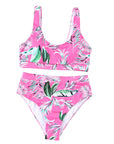 Women Swimsuit Rose Tropical Scoop Neck Ribbed High Waist Bikini Set Two Piece High Waisted Print Bathing Suit