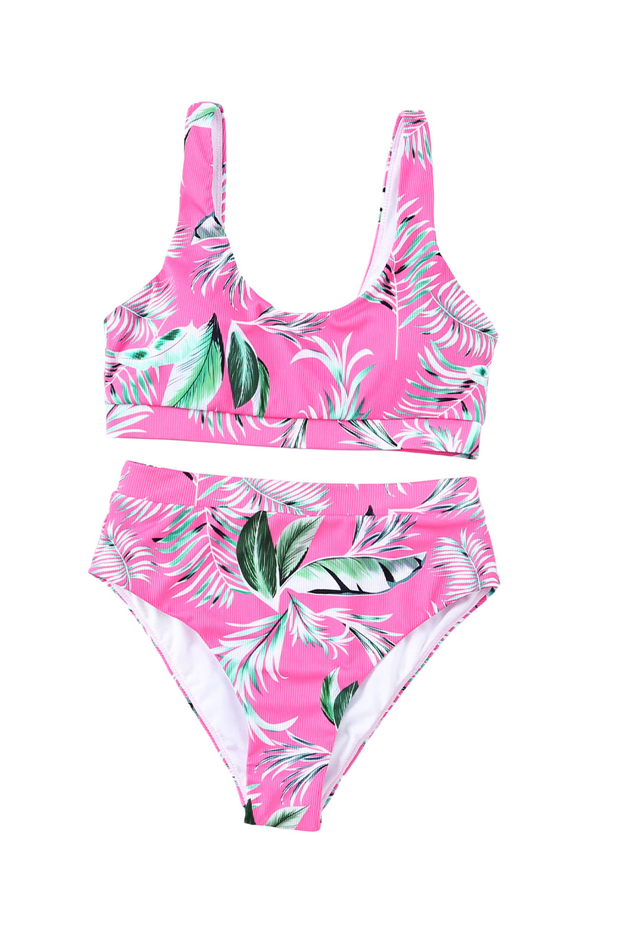 Women Swimsuit Rose Tropical Scoop Neck Ribbed High Waist Bikini Set Two Piece High Waisted Print Bathing Suit