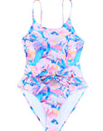 Pink Floral Print Knot High Waist One Piece Swimsuit