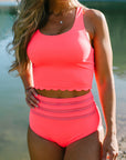 Pink Scalloped Sleeveless High Waisted Two Piece Swimsuit