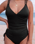 Black Adjustable Straps Ribbed Knit Backless One Piece Swimsuit