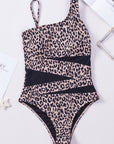 Skin Help Zone Cheetah Asymmetrical Mesh Splicing High Leg One Piece Swimsuit