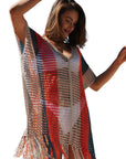 Multicolor Striped Tassel Crochet V Neck Beach Cover Up Perfect Poolside Companion