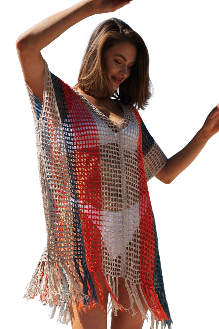 Multicolor Striped Tassel Crochet V Neck Beach Cover Up Perfect Poolside Companion