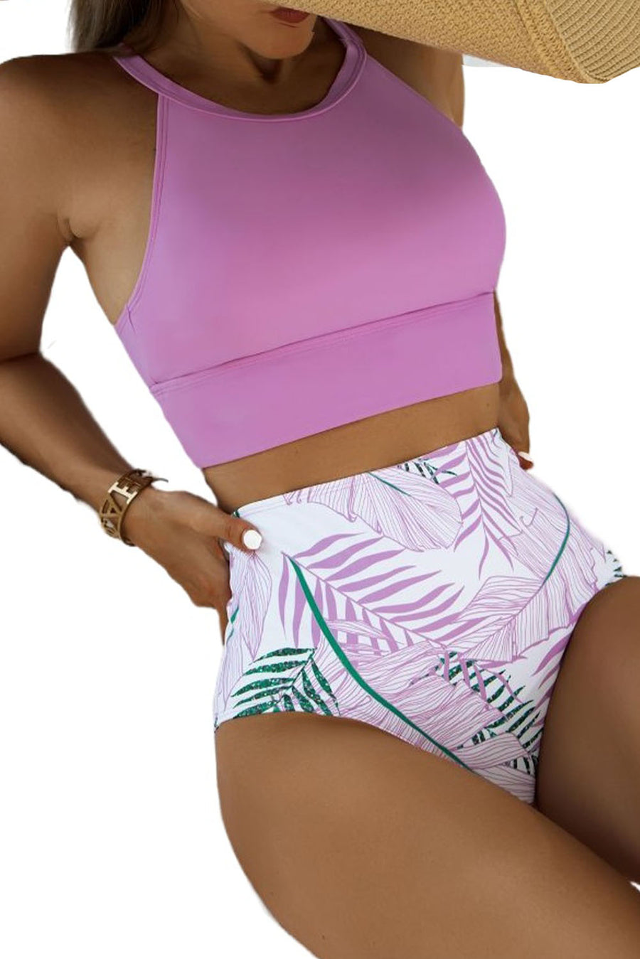 Brown Tropical Print Back Split Color Block High Waisted Swimsuit