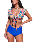 Dark Blue Sexy Deep V Neck Tie Ruffles High Waisted Bikini Set- Free Shipping