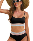 Black Striped Patchwork Spaghetti Strap High Waist Bikini Set