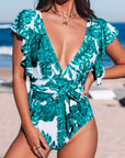 Green Deep V Neck Floral Print Ruffles One Piece Swimsuit