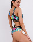 Green Tropical Floral Print Mesh Splicing Trim Bikini Swimsuit