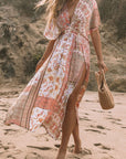 Red Boho Print Deep V Kimono Sleeves Beach Dress With Split