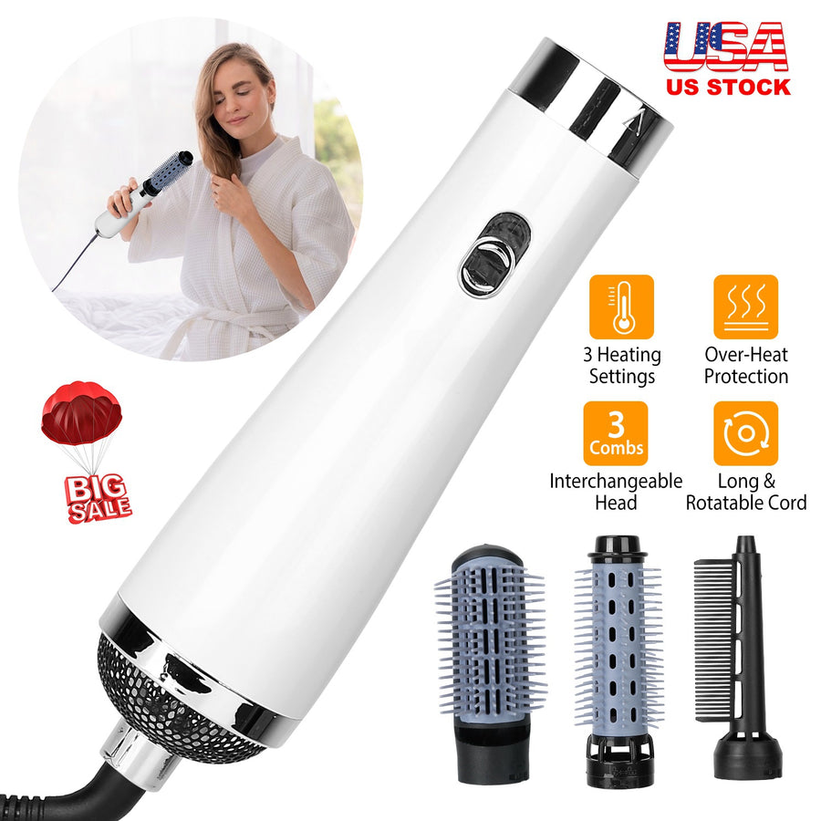 3 In 1 Hot Air Brush One-Step Hair Dryer Comb 3 Interchangeable Brush Combs Volumizer Hair Curler Straightener 66.93in Rotatable Cable w/ 3 Heating Ad