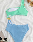 Aruba Blue Textured Colorblock Cut Out One Shoulder Monokini