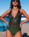 Army Green Camo Patchwork Deep V Neck One Piece Swimsuit