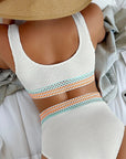 White Stripe Splicing High Waist Textured Bikini Set