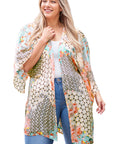 Green Floral Geometric Print Open Front Plus Size Cover-up