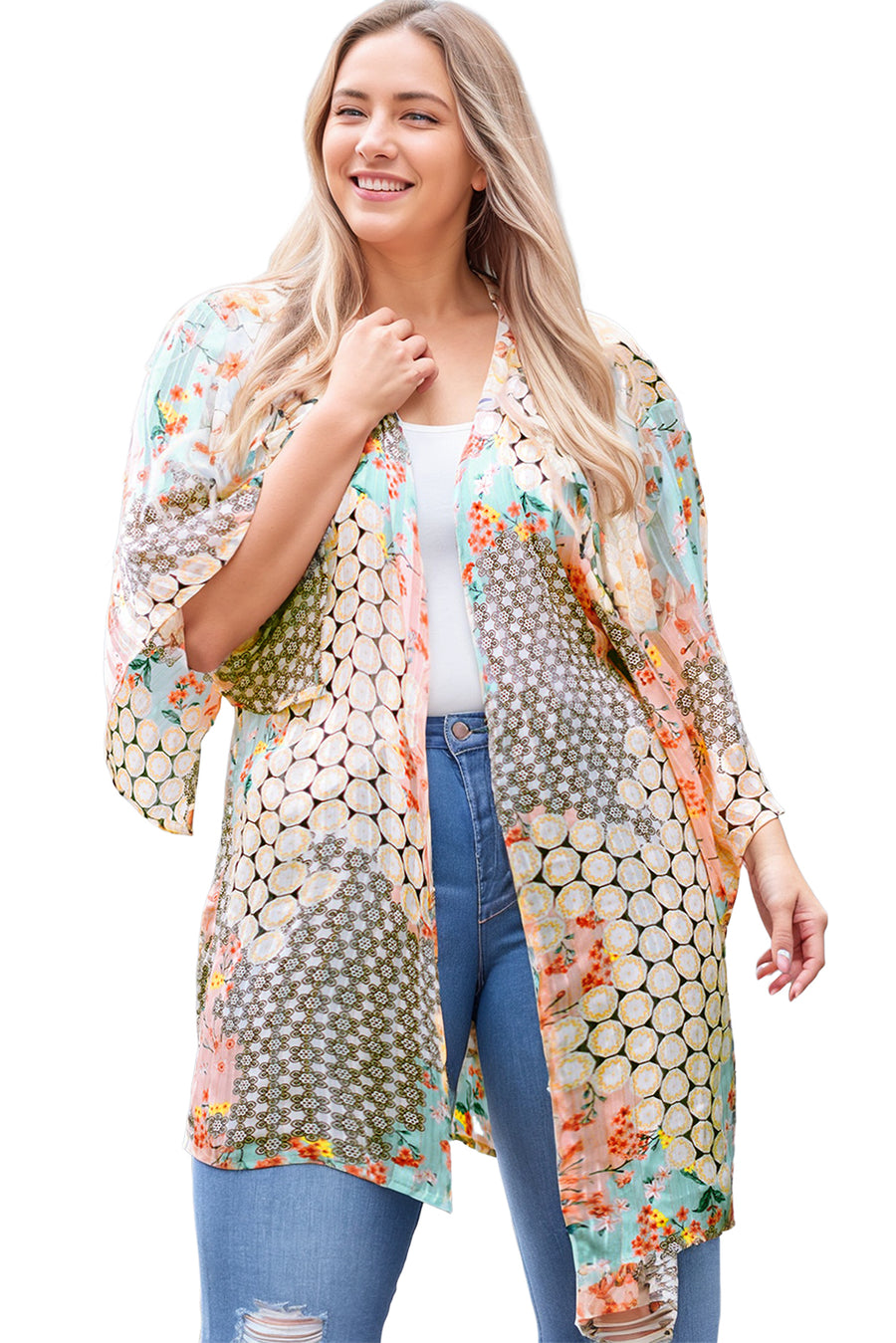 Green Floral Geometric Print Open Front Plus Size Cover-up