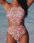 Multicolor Floral Print Lace Up Backless Monokini  Stylish Swimwear for Beach and Pool