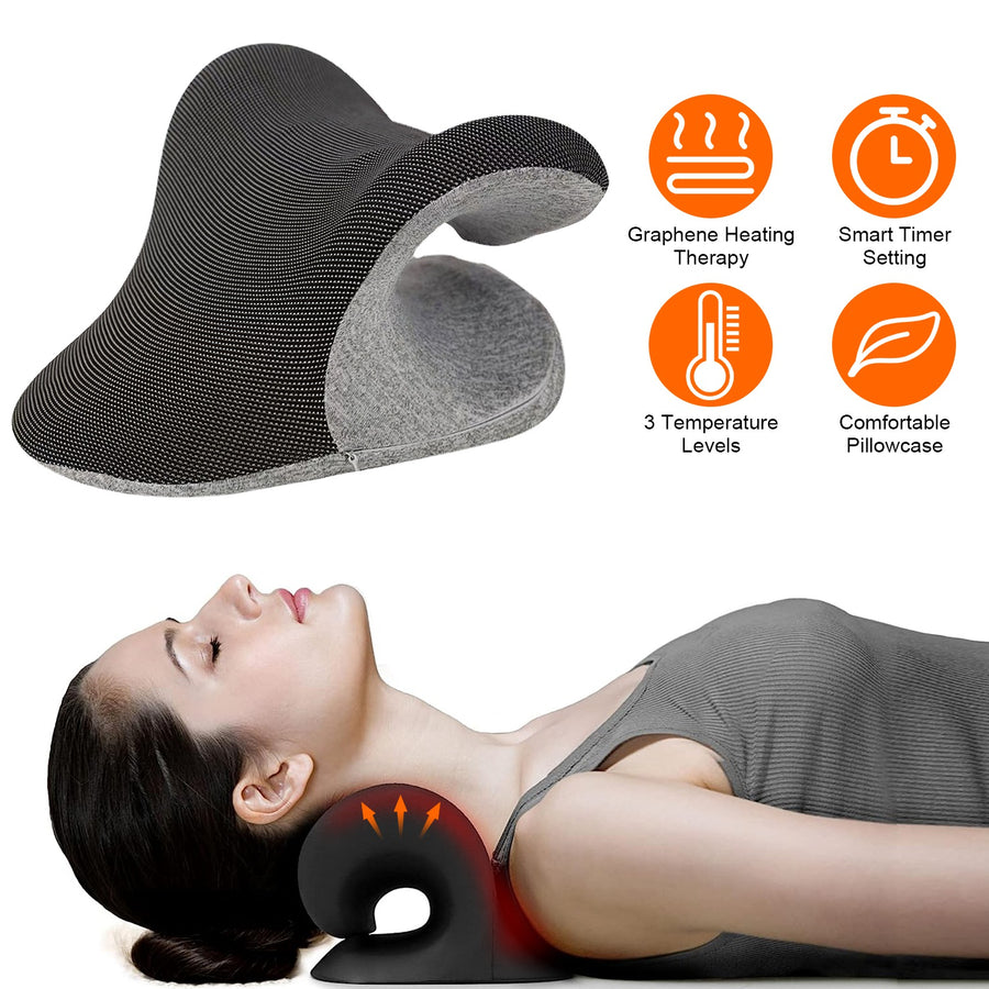 Ergonomic Heated Neck Stretcher Cervical Traction Therapy Pillow with Graphene Heating Pad 3 Gear Temperature Smart Timer Setting USB Plug