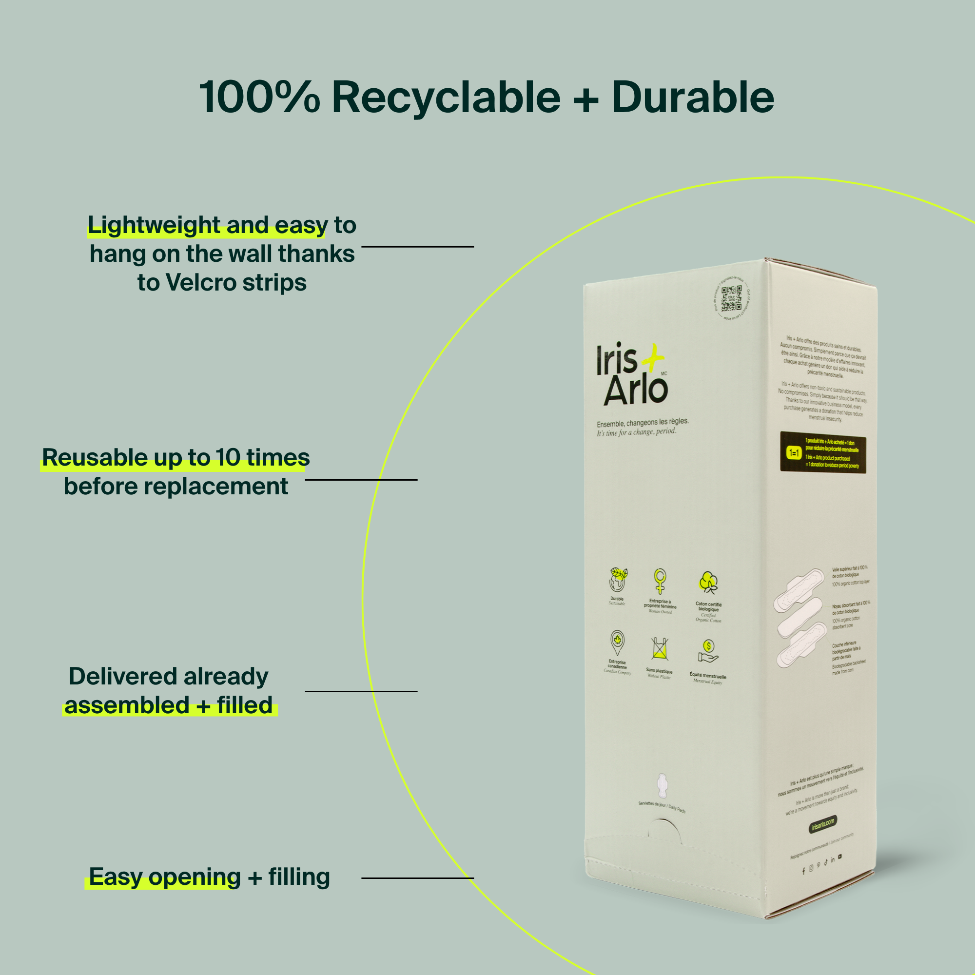 Wall-Mounted Cardboard Dispenser, 100% Organic Cotton Daily Pads