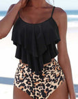 Black Ruffle Tank Top and Leopard Print Shorts Bikini Set