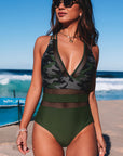 Army Green Camo Patchwork Deep V Neck One Piece Swimsuit