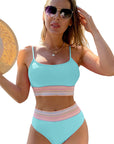 Black Striped Patchwork Spaghetti Strap High Waist Bikini Set