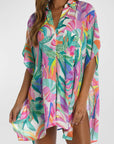 Multicolor Tropical Print Button-up Short Sleeve Beach Cover Up Embrace Island Chic