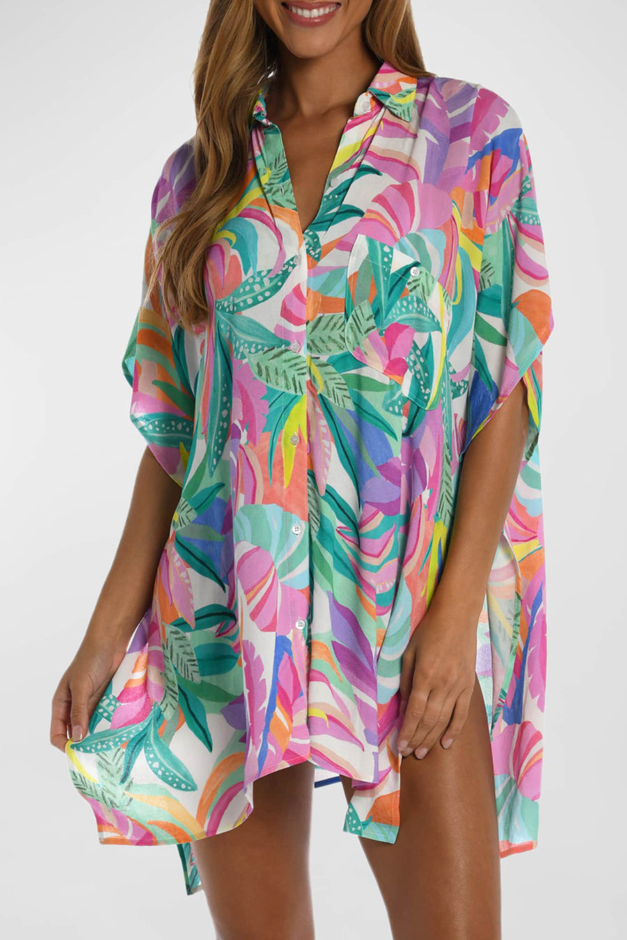 Multicolor Tropical Print Button-up Short Sleeve Beach Cover Up Embrace Island Chic