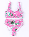 Women Swimsuit Rose Tropical Scoop Neck Ribbed High Waist Bikini Set Two Piece High Waisted Print Bathing Suit