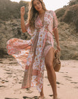 Red Boho Print Deep V Kimono Sleeves Beach Dress With Split