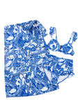 Blue 3pcs Flower Print Ruffled Bikini Set with Cover Up Skirt