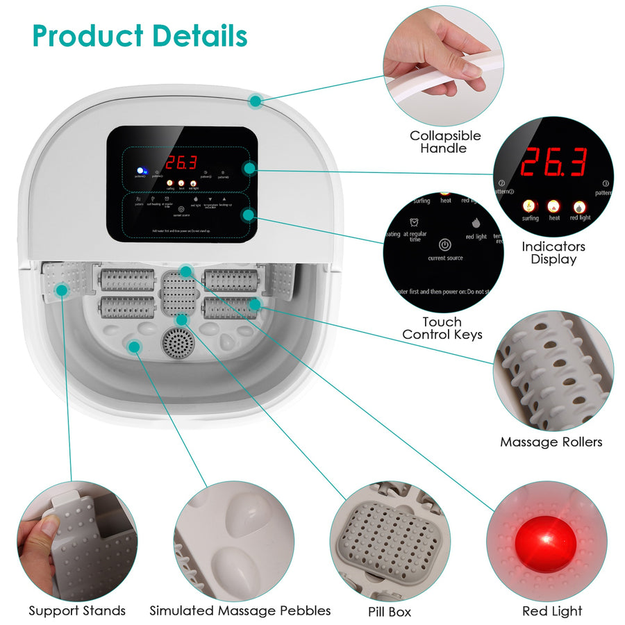 Collapsible Foot Spa Massager Electric Foot Soaker Tub Foldable Foot Spa Tub with Surfing Bubbles Heating Red Light Temperature Control Timer Remote C