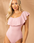 Pink Ruffle Overlapping Backless One Piece Swimwear