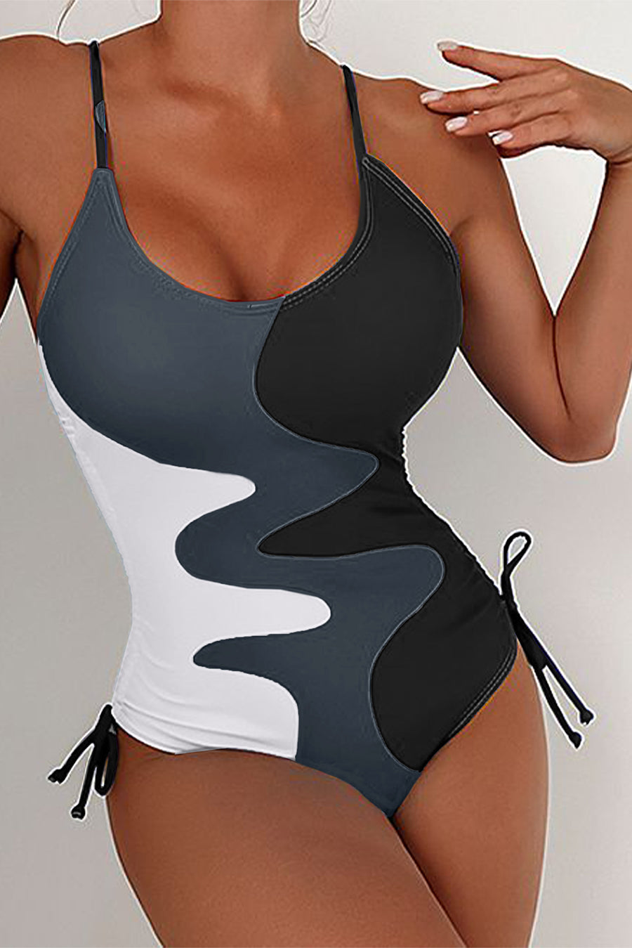 Khaki Printed Color Block Drawstring Sides One Piece Swimsuit